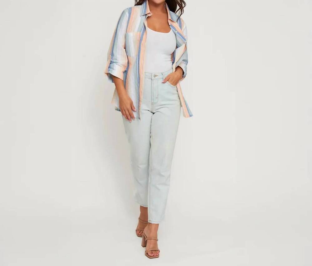 NEW ELSIE & ZOEY wynn striped long sleeve collared top in blue/beige stripe